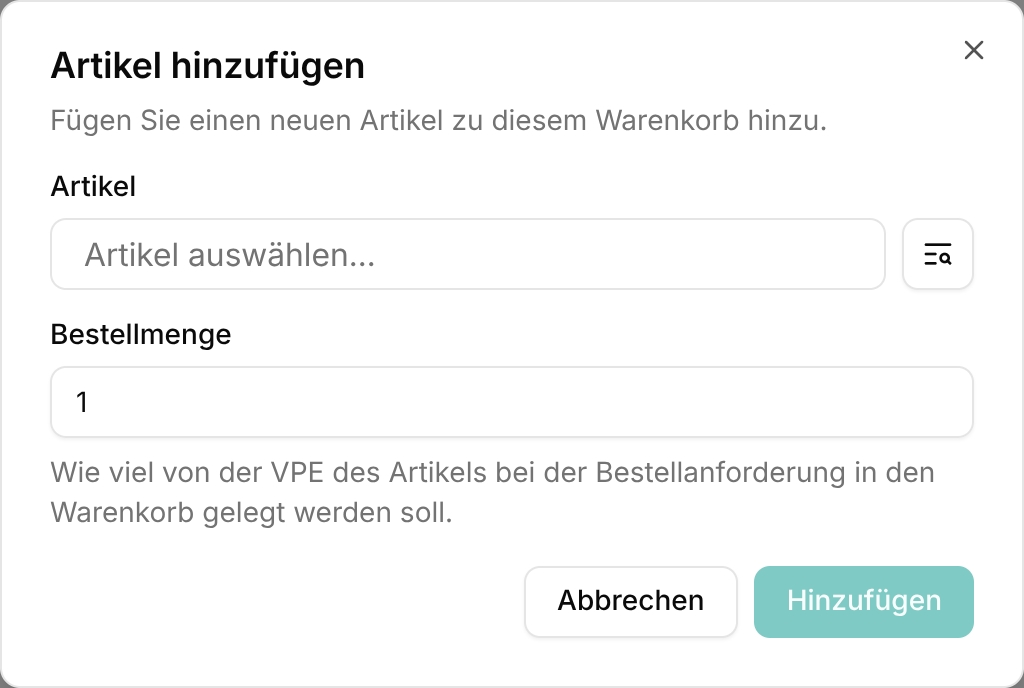 Artikel hinzufügen Dialog