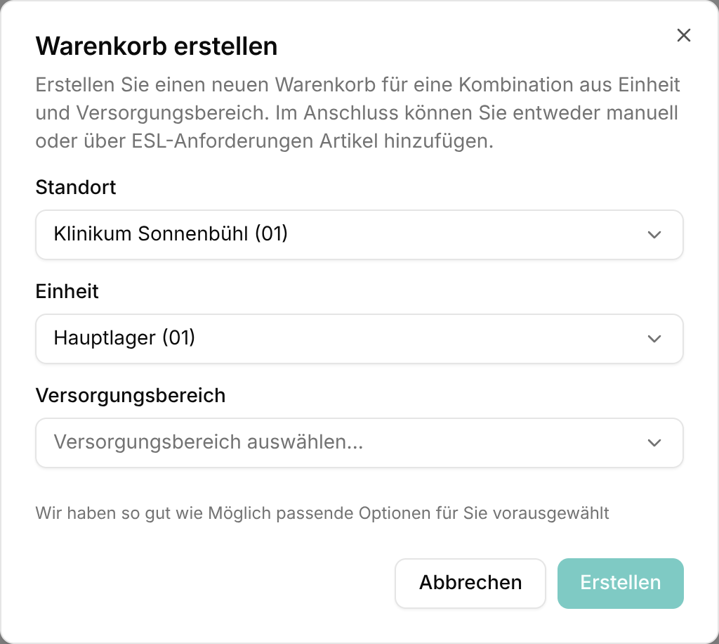Warenkorb erstellen Dialog