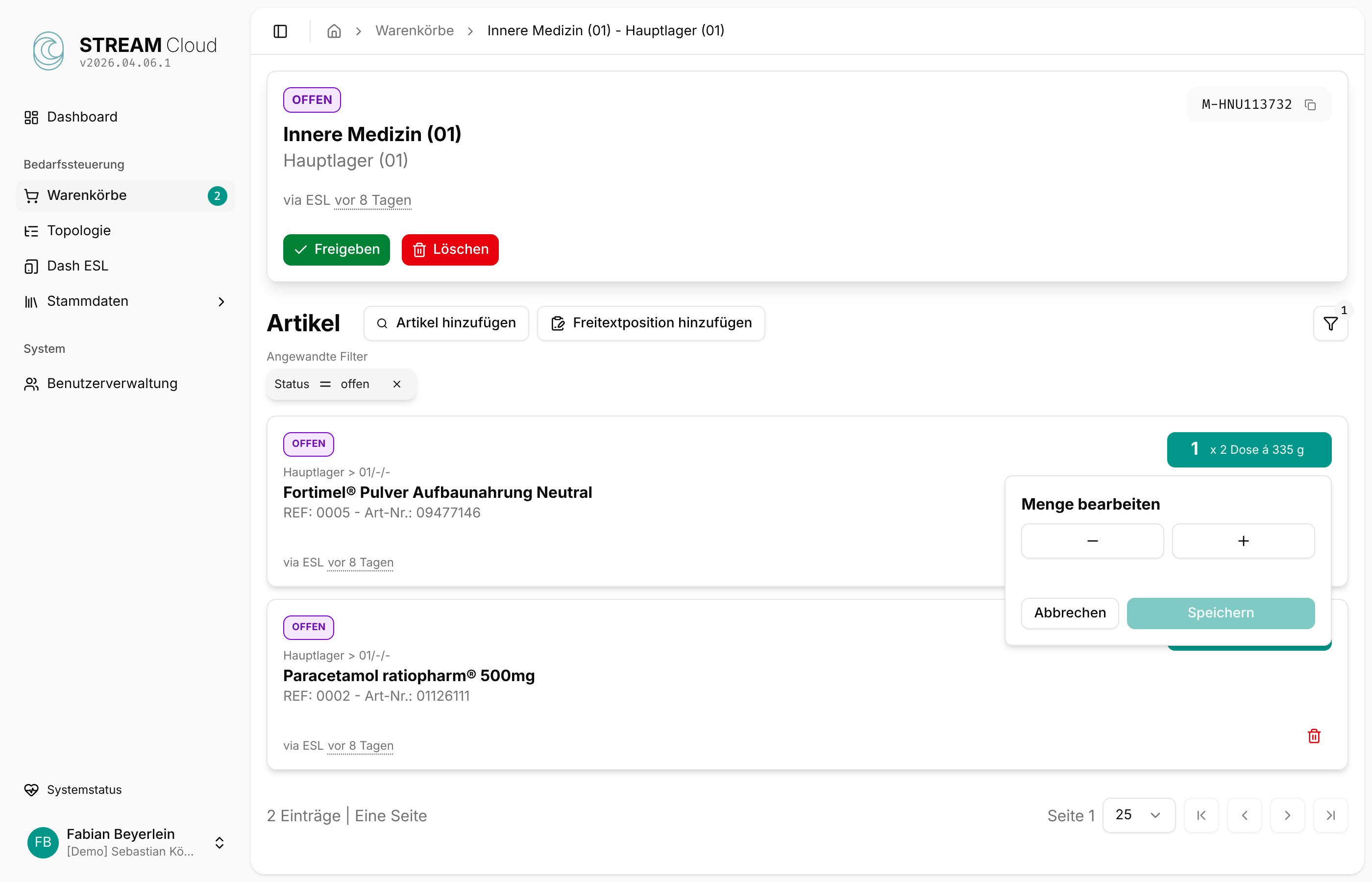 Menge bearbeiten Popover