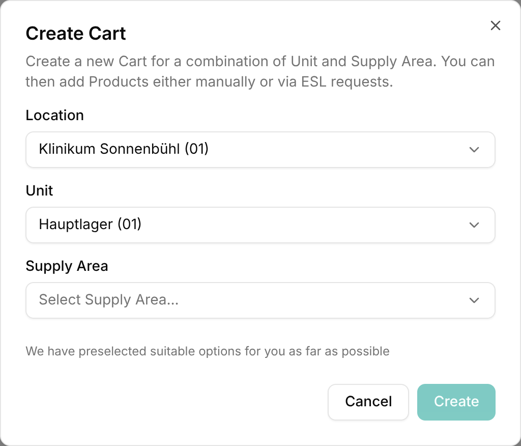 Create cart dialog