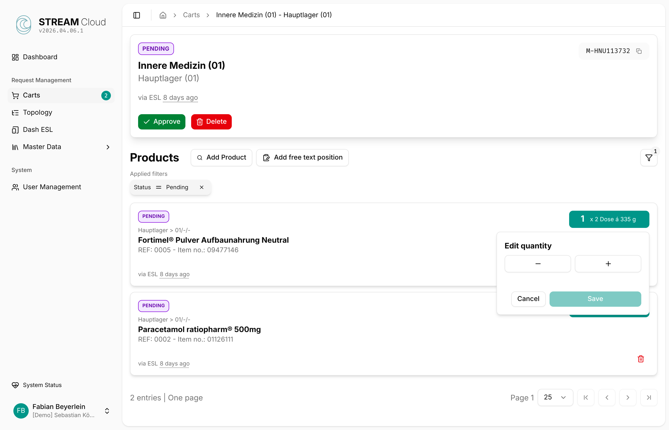 Edit quantity popover